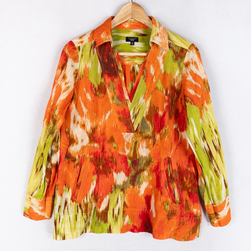 Talbots Top 10P Orange Green Abstract Ikat Silk Blend Lightweight Maximalist